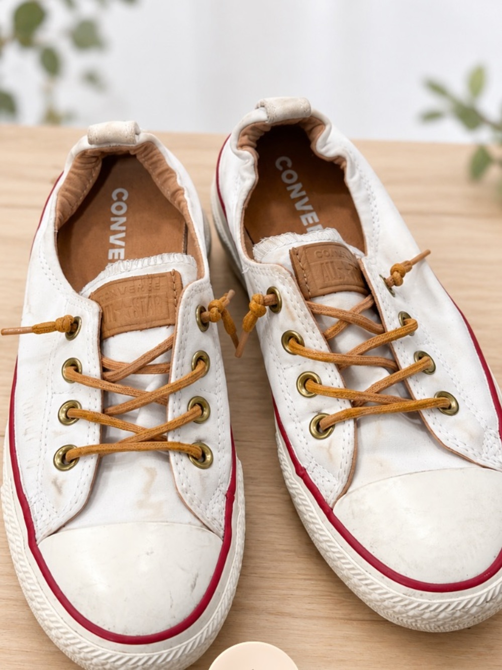 Converse Kids Low-Top Canvas Sneakers in White with Red Trim and Tan Laces